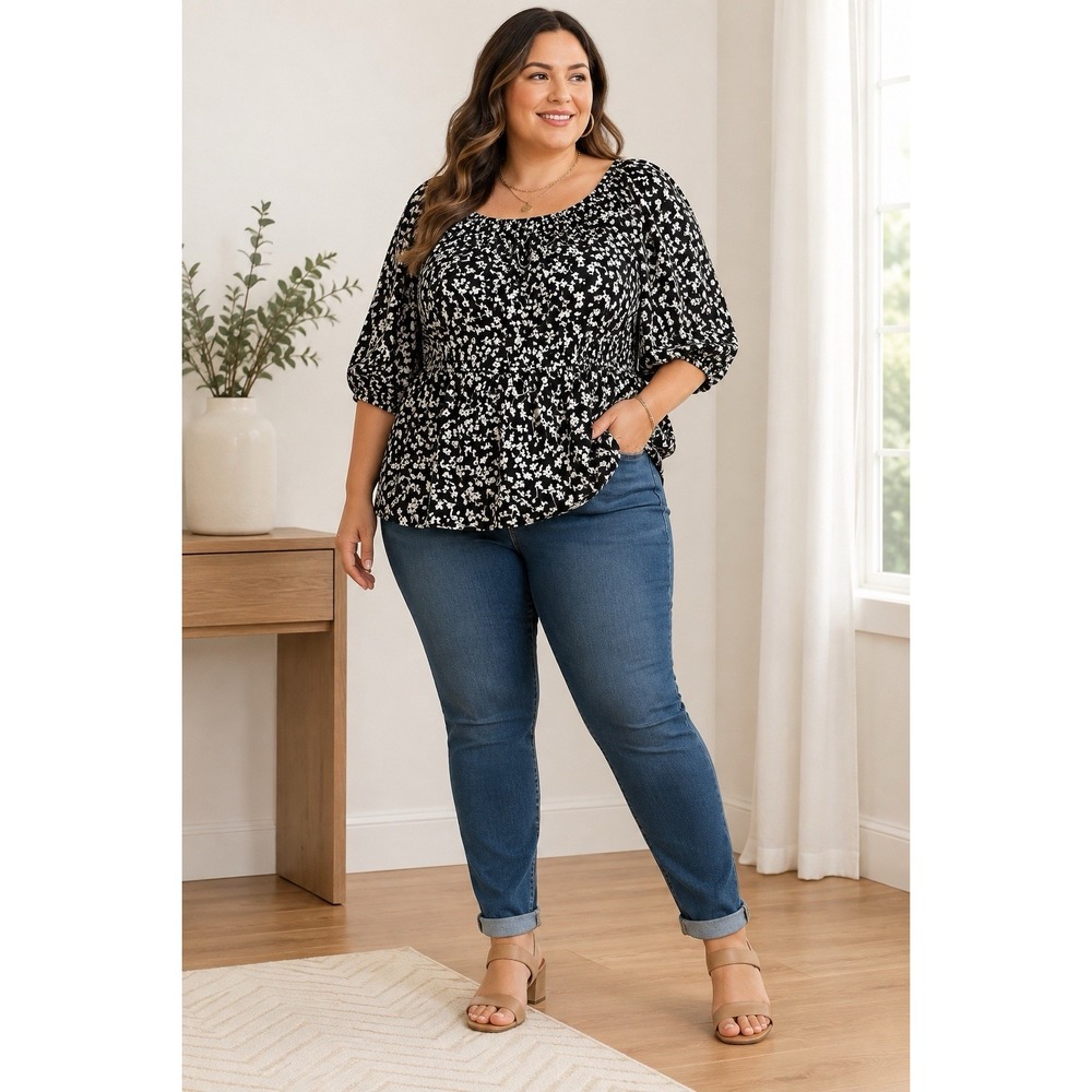 Old Navy Women's 3X Black White Floral Puff Sleeve Peplum Blouse Plus Size